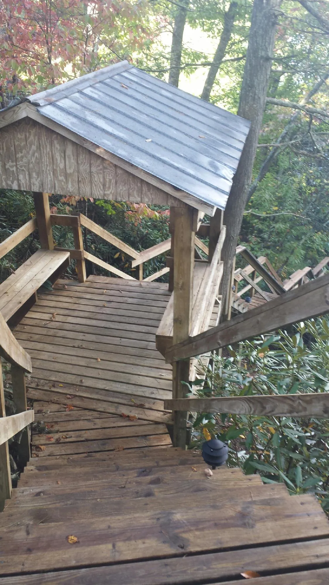 Metal roofed shelter over wooden steps on a wooded walkway — Skylight Repair & Installation work by our crew in Donnellson